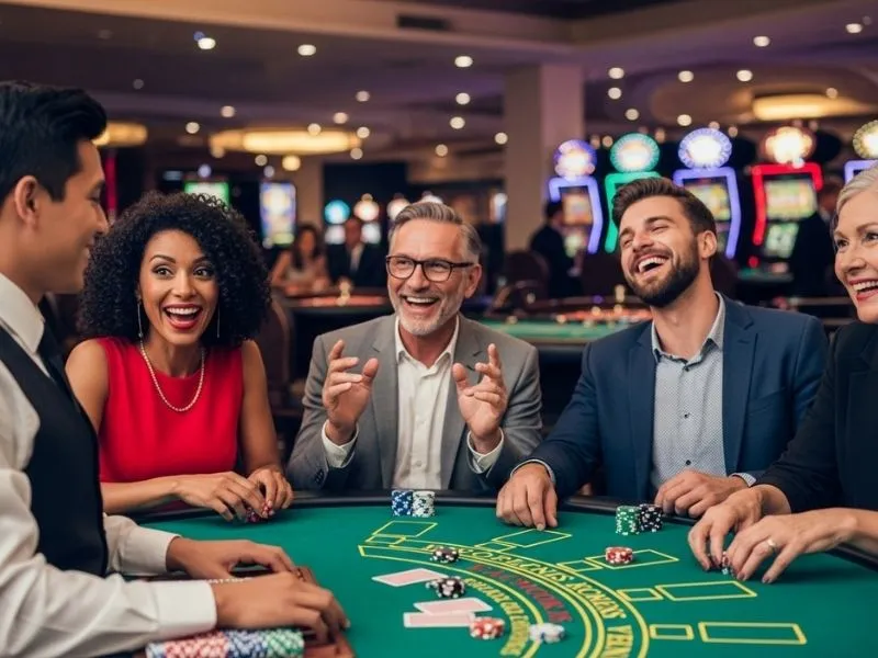 Friends laughing and enjoying a casino game night while playing at Betso88 Online Casino.