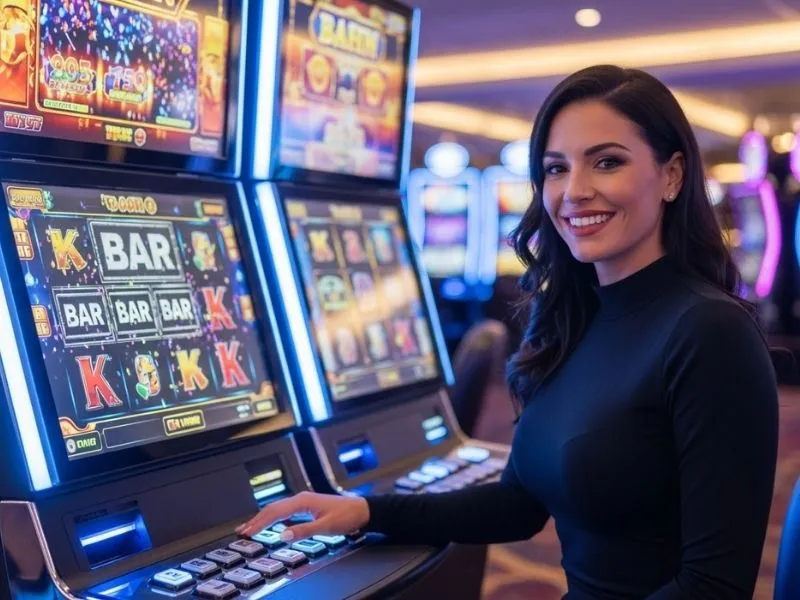A happy woman playing slots at Betso88 online casino, smiling at the screen showing a jackpot win.