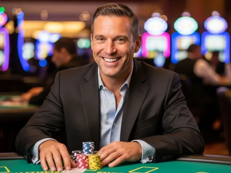 Man grinning after winning a poker game at Betso88 online casino.