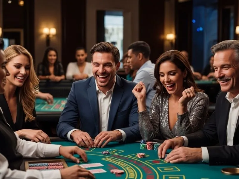 Friends enjoying a fun baccarat night at a casino in Bingo Plus Philippines.