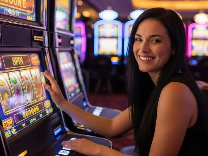 A happy woman celebrating her win while playing an online slot game on Bingo Plus Philippines.