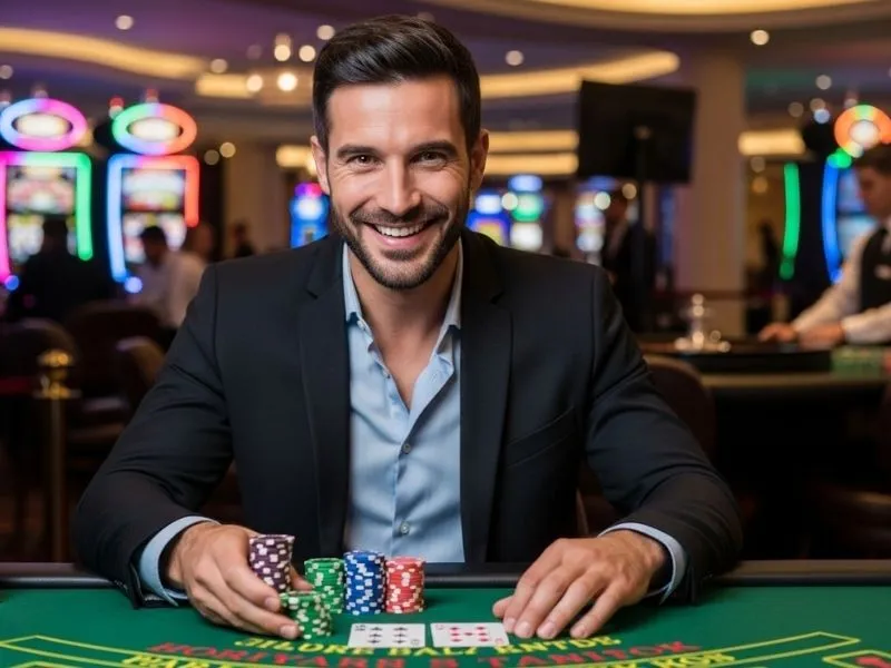 Man laughing while playing poker at a casino table, enjoying his game at Bingo Plus Philippines.