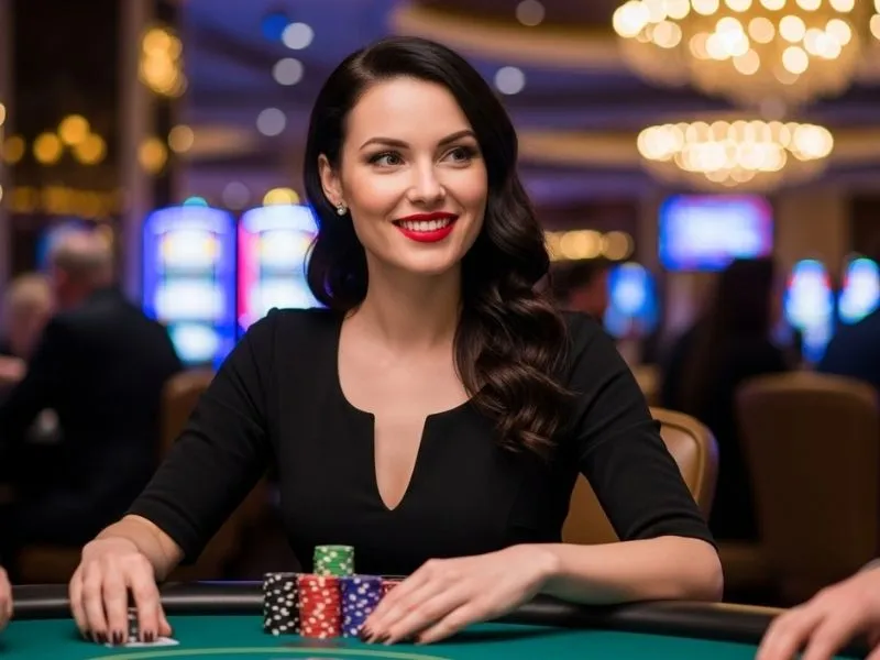 Woman celebrating her lucky win while playing Bingo Plus Philippines in a casino.