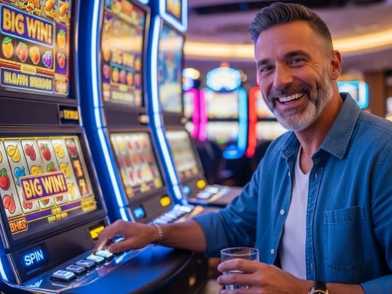 Man smiling joyfully after winning a jackpot on a slot machine at cash888 online casino.