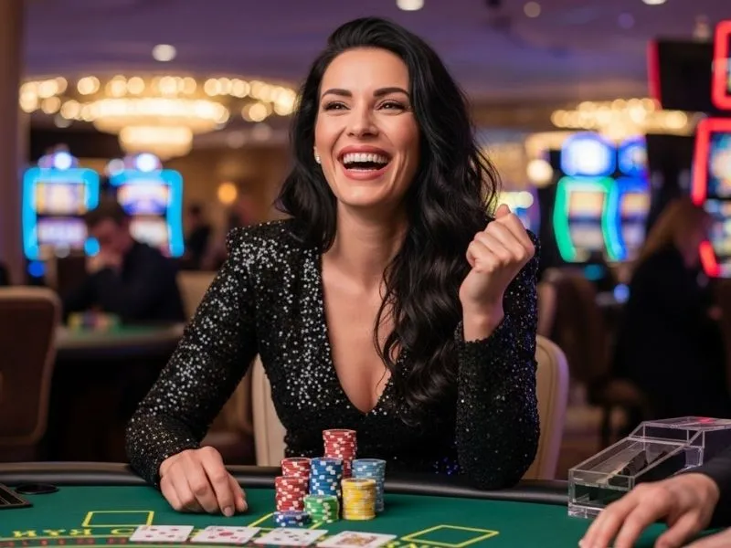 Woman enjoying a game of blackjack online on cash888, smiling and having fun while playing casino games.