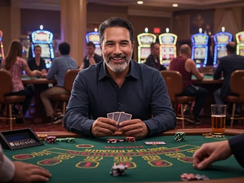 FC178 online man smiling while holding poker cards in hand during a game session