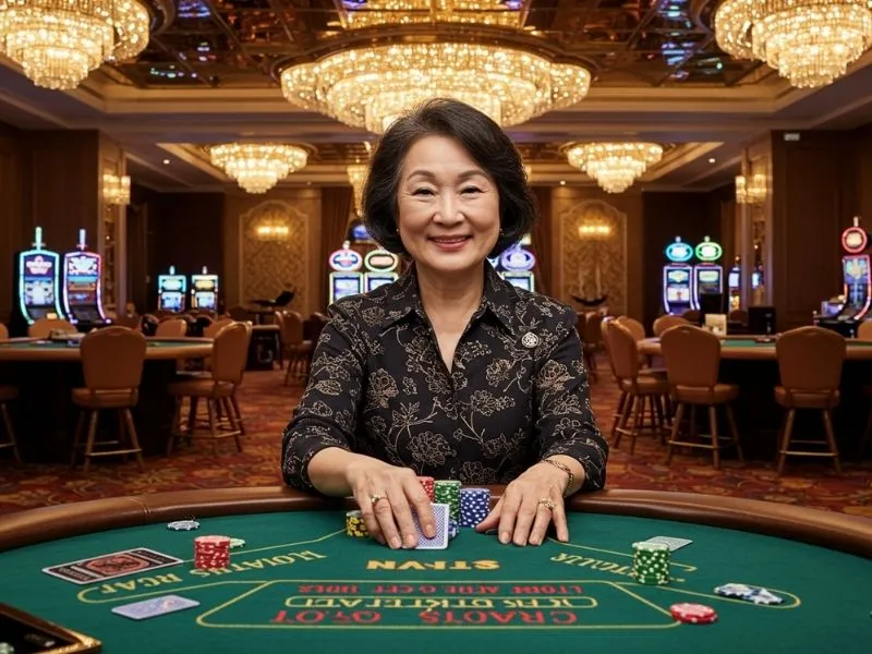 Confident elderly woman playing poker online with a smile, enjoying the game on fc178 online platform.