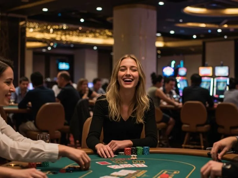 Woman enjoying a poker game with friends at a table, playing online with FC178 Online.