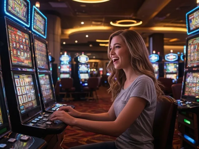 Young lady smiling while playing slot machines at fc178 online casino, enjoying the exciting gaming experience.