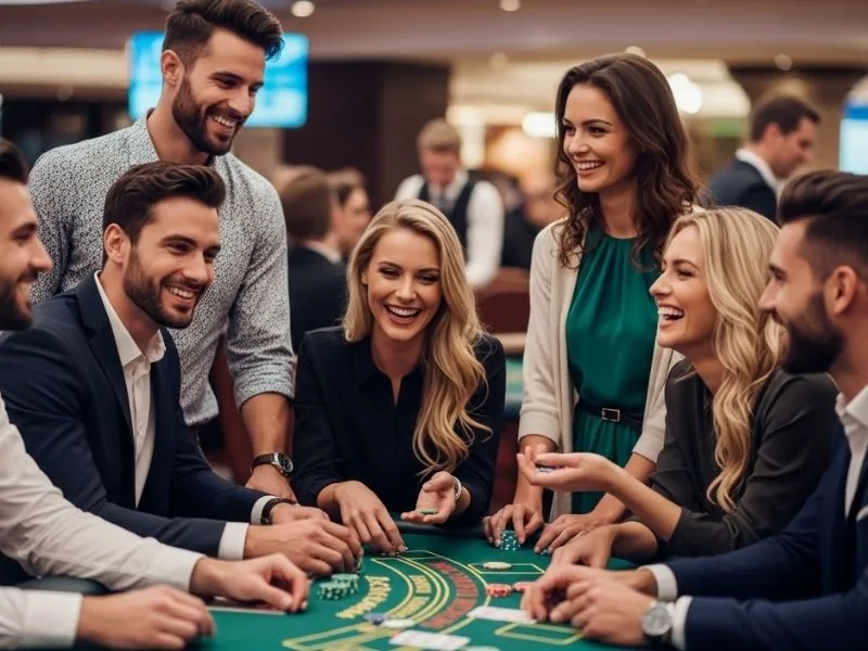 Friends laughing and enjoying a fun casino night while playing online games, representing the excitement of Free 100 Casino 2025.