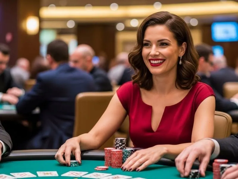 Lady smiling after winning a blackjack game at an online casino, representing the excitement of Free 100 Casino 2025 promotions.