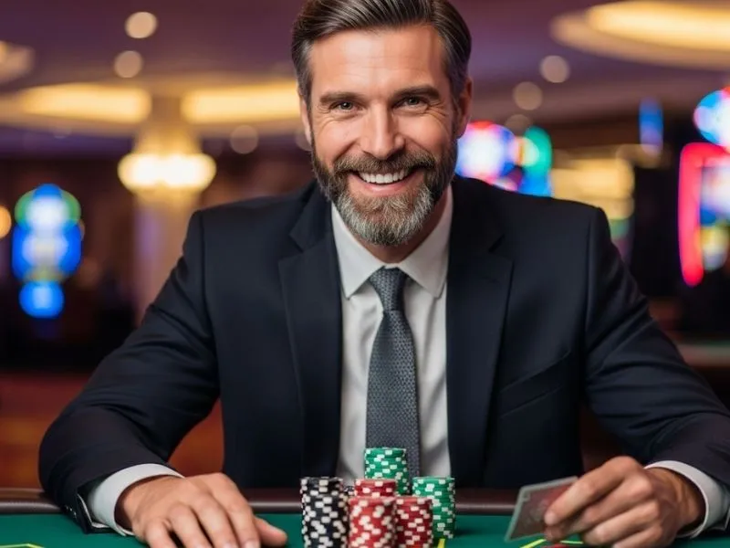 Man celebrating his lucky win at an online casino, capturing the excitement of Free 100 Casino 2025 gaming experience.