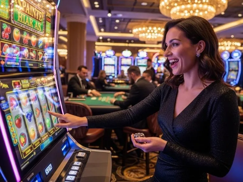Happy woman laughing while enjoying slot machine at Free 100 Casino 2025.