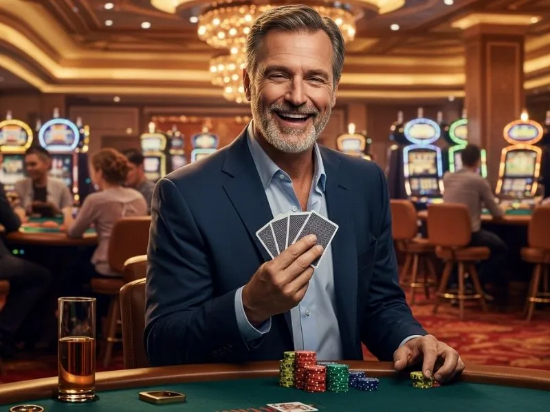 Old man smiling and holding poker cards, promoting free sign up bonus no deposit GCash