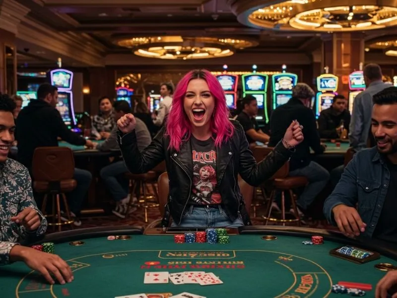 Woman cheering after winning a poker game, celebrating with excitement – promoting free sign up bonus no deposit GCash.