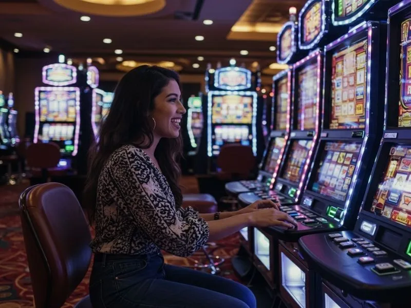 Young lady smiling while playing a slot machine, enjoying her free sign up bonus no deposit GCash.