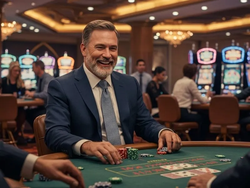Old man laughing while playing poker with friends at a table, enjoying the thrill of help slot win jackpot meter Philippines legit.