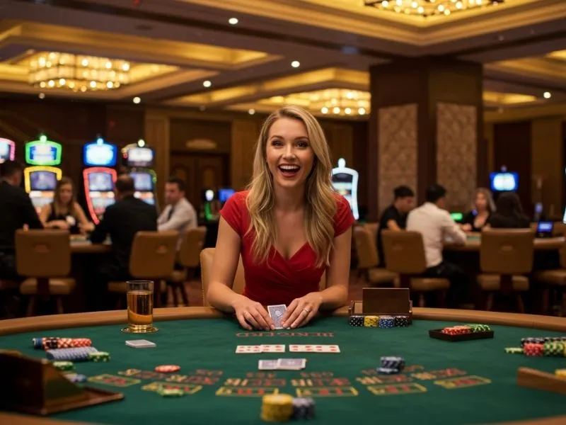 Woman enjoying baccarat game in casino using help slot win jackpot meter Philippines legit