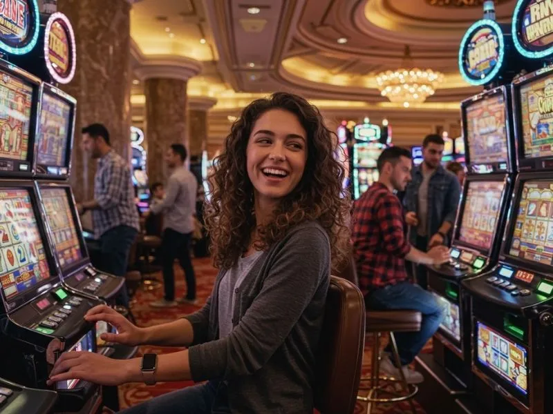 Woman celebrating her big win at a slot machine, using help slot win jackpot meter Philippines legit for guidance.