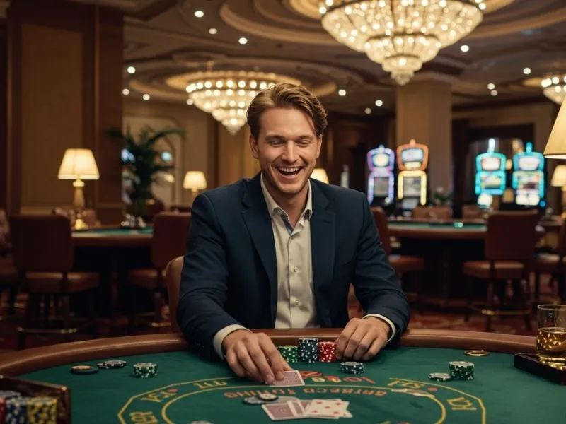 Young man playing poker in a casino, smiling while using a help slot win jackpot meter Philippines legit strategy.