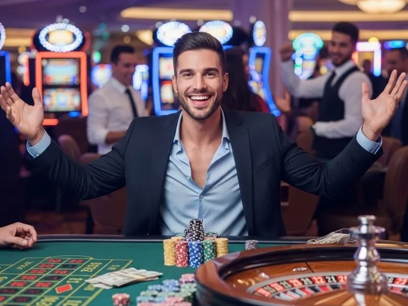 Man celebrating a big roulette win at Manila 888 Online Casino, showing excitement and joy after a lucky spin.