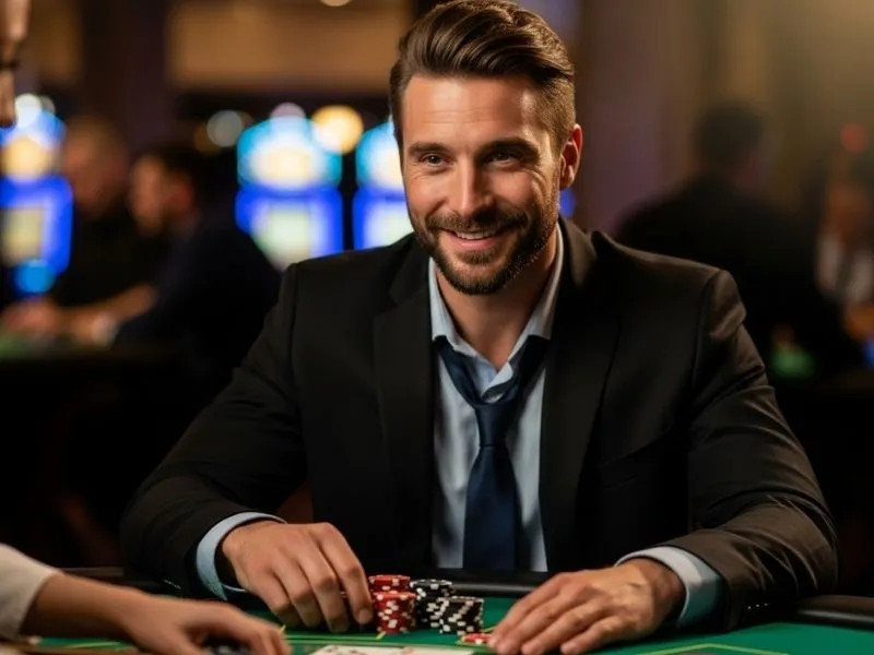 Man smiling after winning a blackjack hand at Manila 888 Online Casino