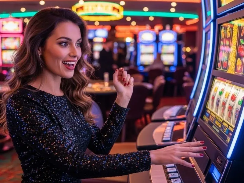 A woman celebrating a big win on a slot machine at Manila 888 Online Casino.