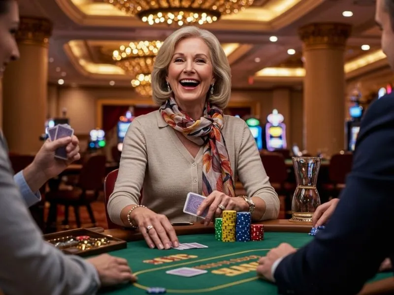 Elderly woman enjoying a poker game with chips at an online casino agent table