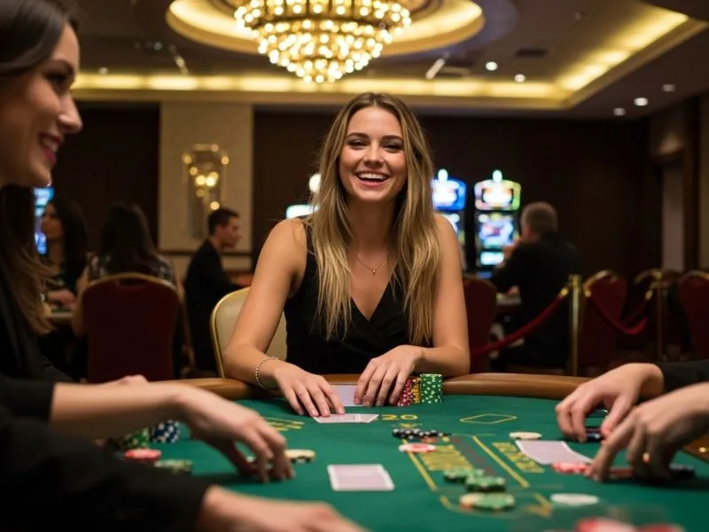Online casino agent smiling while playing poker in a casino, enjoying the gaming experience.