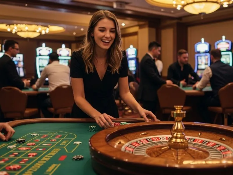 Young woman online casino agent smiling while standing at a roulette table