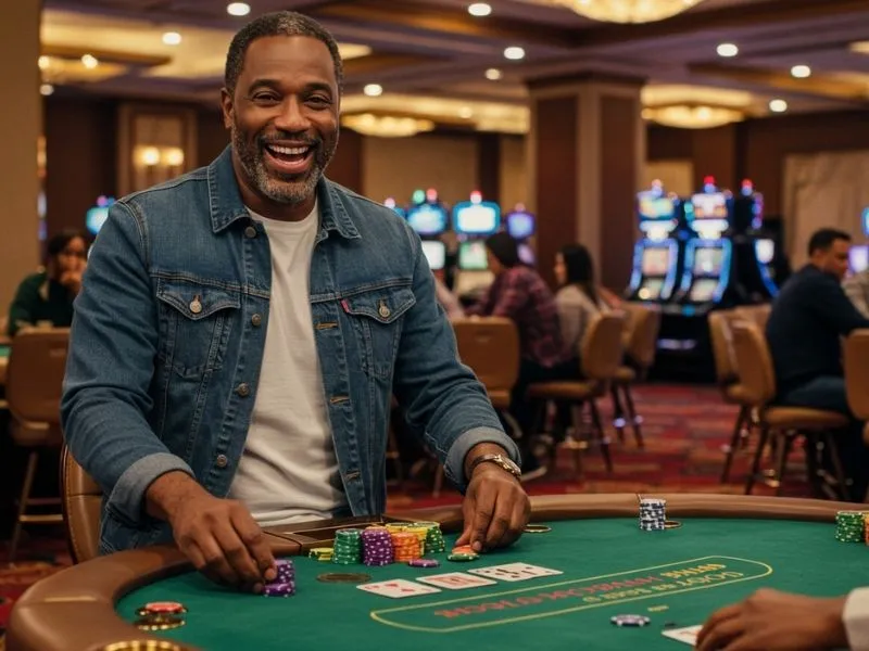 Happy player enjoying a winning moment at a table with poker chips in hand, representing Pagcor online gaming.