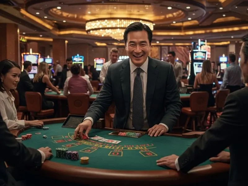Man enjoying a game of baccarat with friends at Pagcor online gaming platform