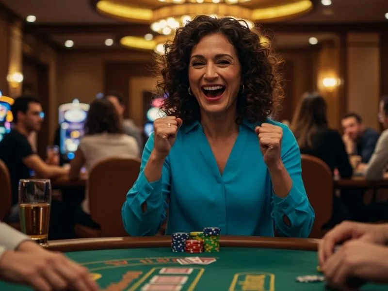 Woman cheering at a poker table while playing Pagcor online gaming, celebrating a big win.