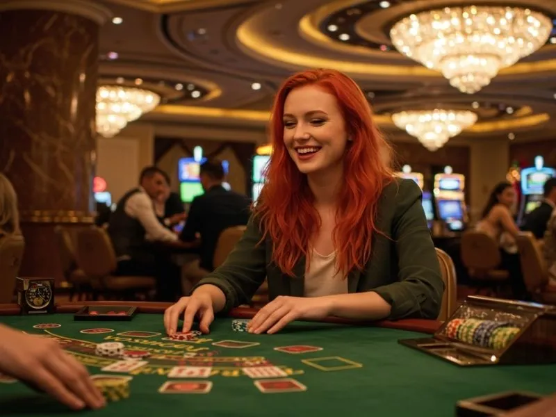 Woman enjoying Pagcor online gaming while playing baccarat and smiling.