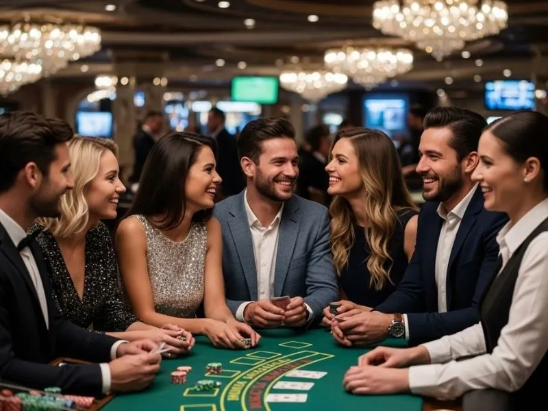 Friends laughing and playing baccarat together at a casino, enjoying the thrill of online gaming through PH Macau Online Casino Login.
