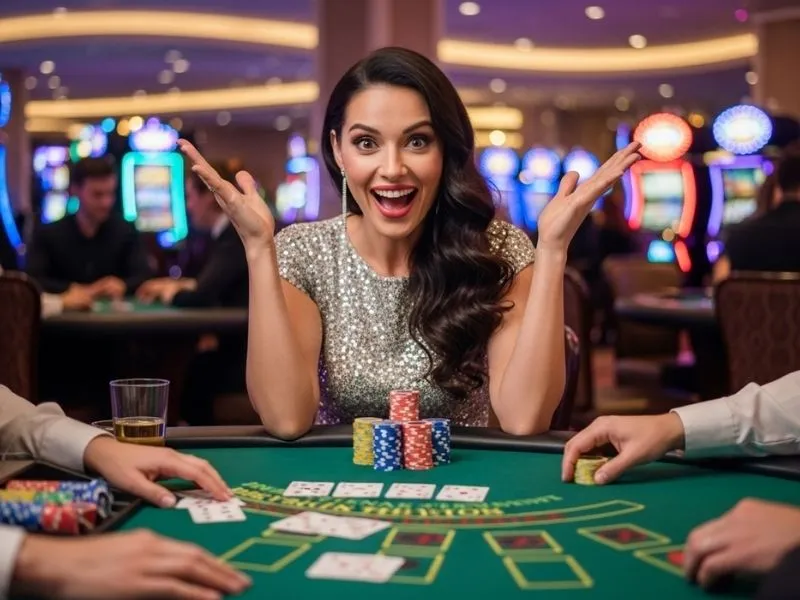Woman happily celebrating a blackjack win at a casino after logging in via PH Macau Online Casino Login.