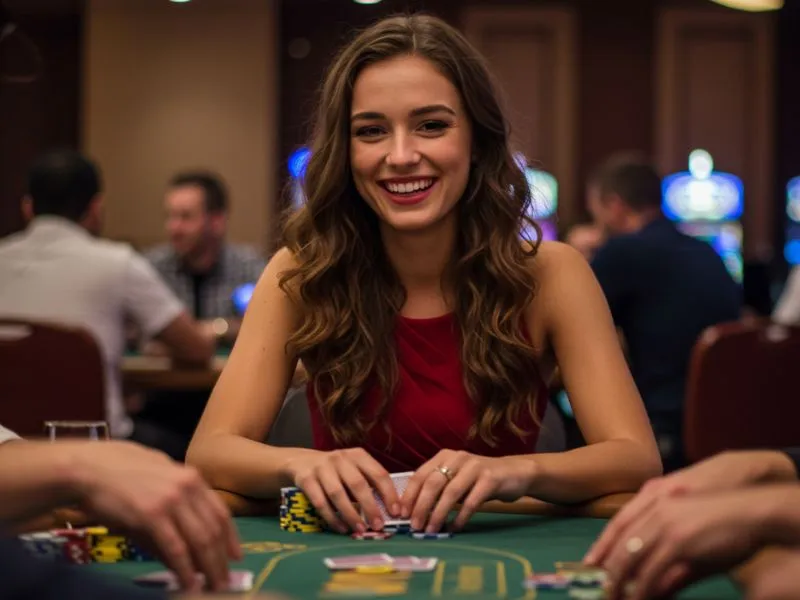 A cheerful lady enjoying a live table game at an online casino, showcasing the fun and excitement of playing with ph.spin.