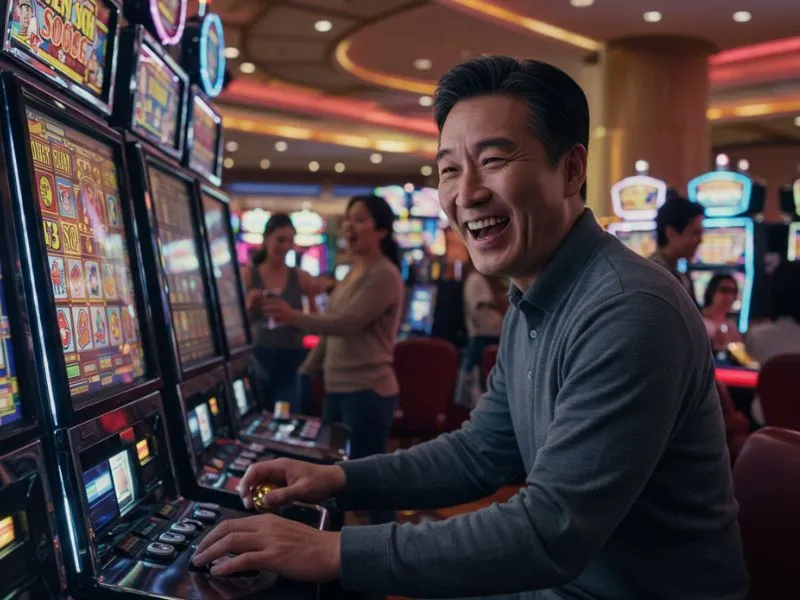 Smiling man pressing the slot machine button at PH.Spin casino