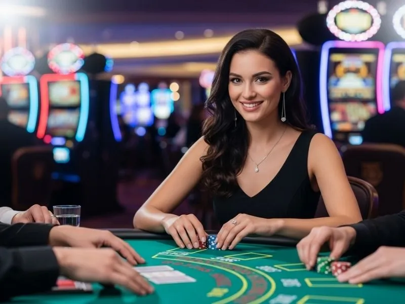 Smiling lady enjoying a blackjack game on the ph777 apk platform.