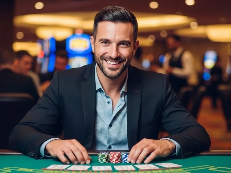 Man smiling while playing blackjack with poker chips on the table, representing the fun gaming experience offered by PH777 APK.