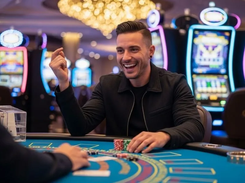 Smiling man holding poker chips at a casino table while playing on PH777 APK.