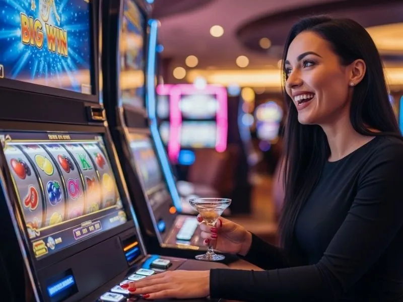 Woman celebrating her big win on online slot machines using the PH777 APK app.