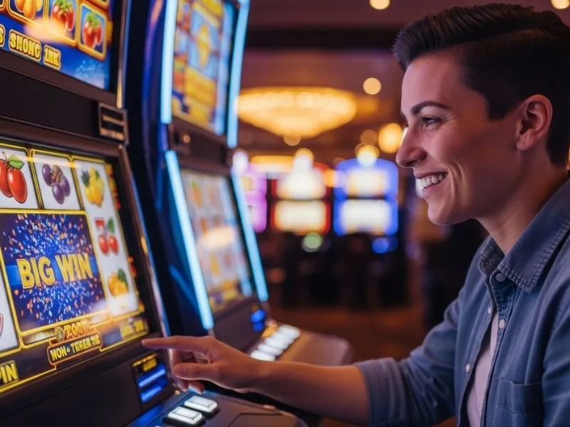 Happy casino player smiling after hitting a slot jackpot at PinasBet Online Casino login page.