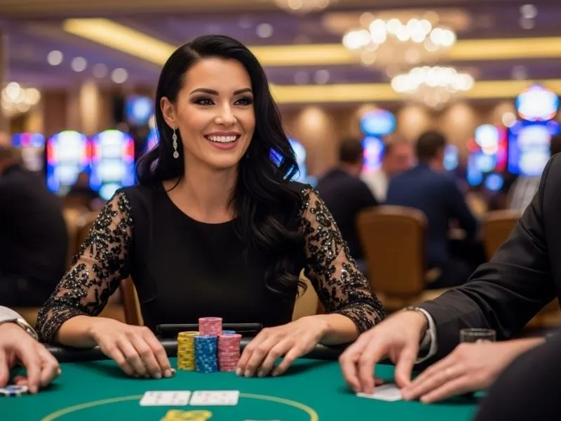 Lady smiling after a big poker win on PinasBet Online Casino Login platform.