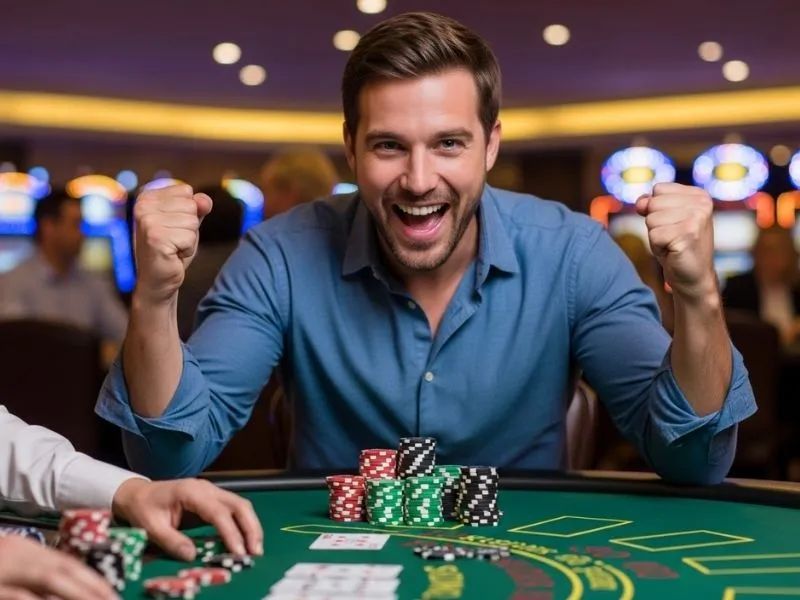 Man celebrating a big poker win after successful PinasBet online casino login.