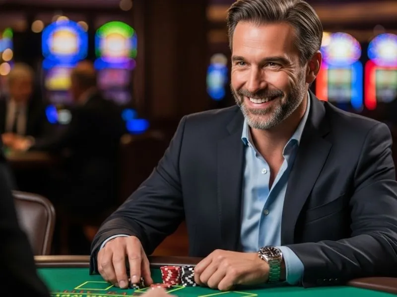 Man smiling at his poker chips after logging in to PinasBet online casino.
