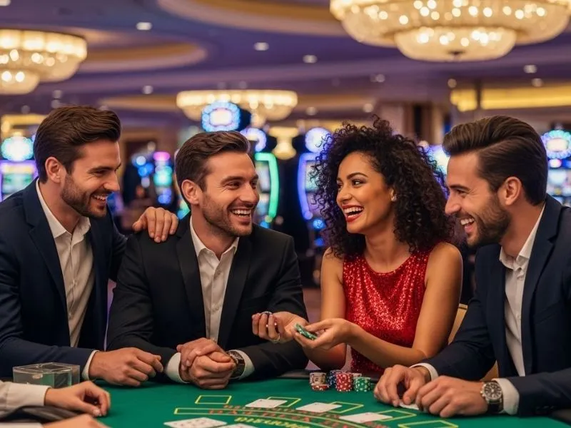 Friends celebrating a big win in a baccarat game at Plush PH Online Casino.