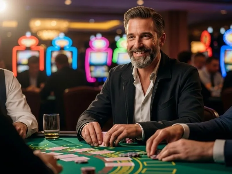 Old man happily playing blackjack on his laptop at Plush PH Online Casino.