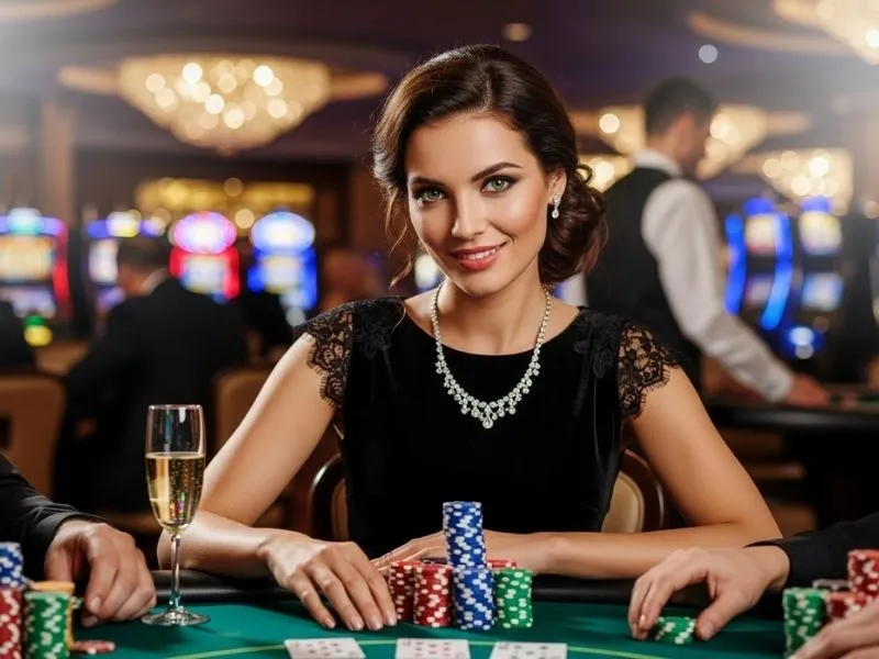 Smiling woman enjoying her win at Plush PH Online Casino with a full stack of poker chips on the table.