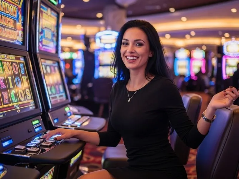 Excited lady celebrating her slot machine jackpot at Q25 online casino